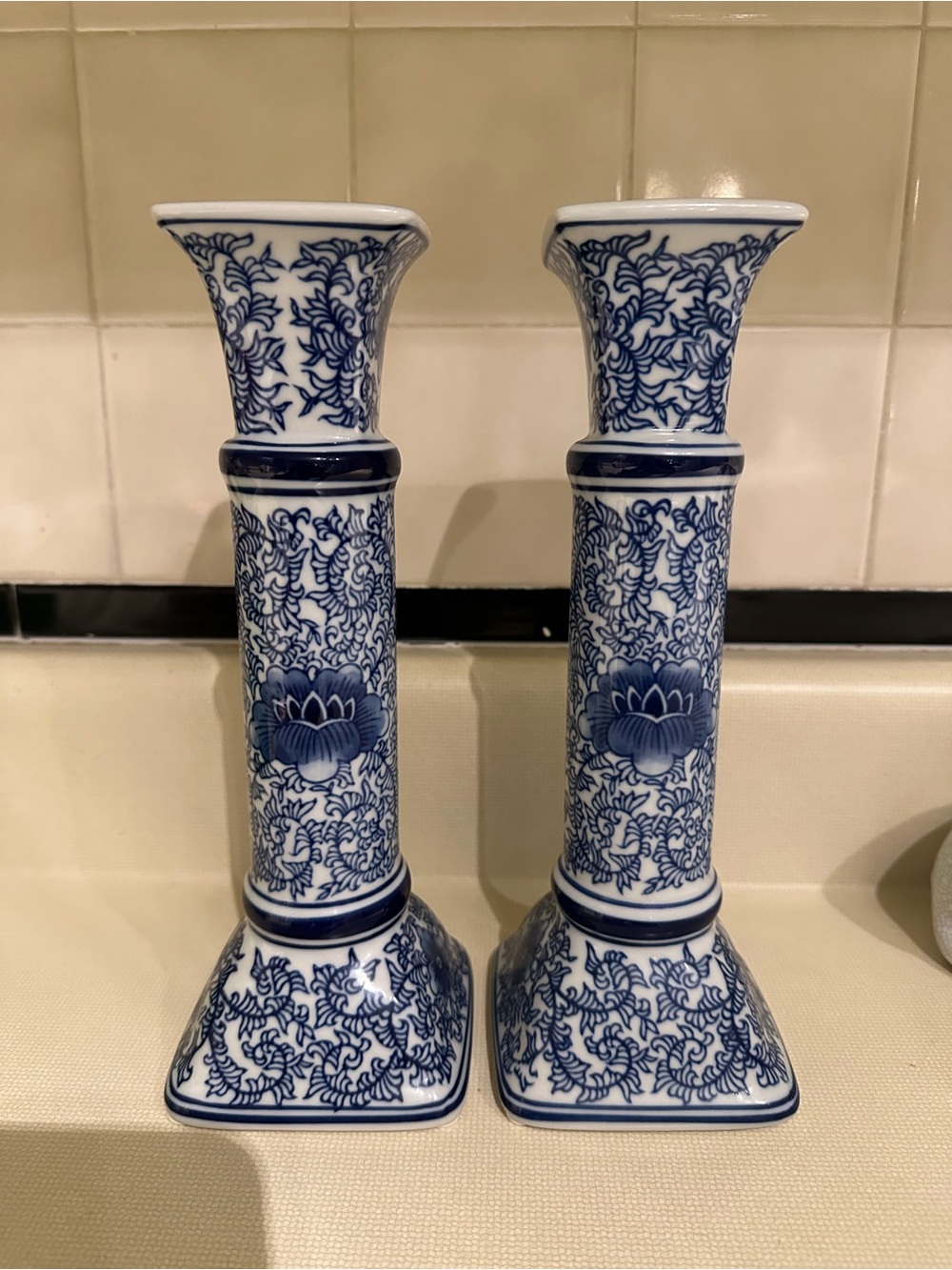 Blue and White Chinoiserie Candlestick holders